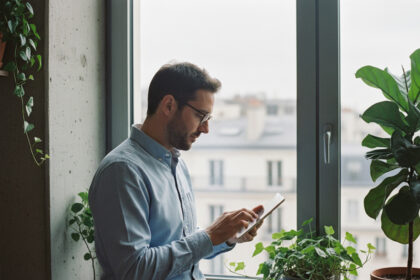 Homme détendu lisant une tablette dans un appartement moderne