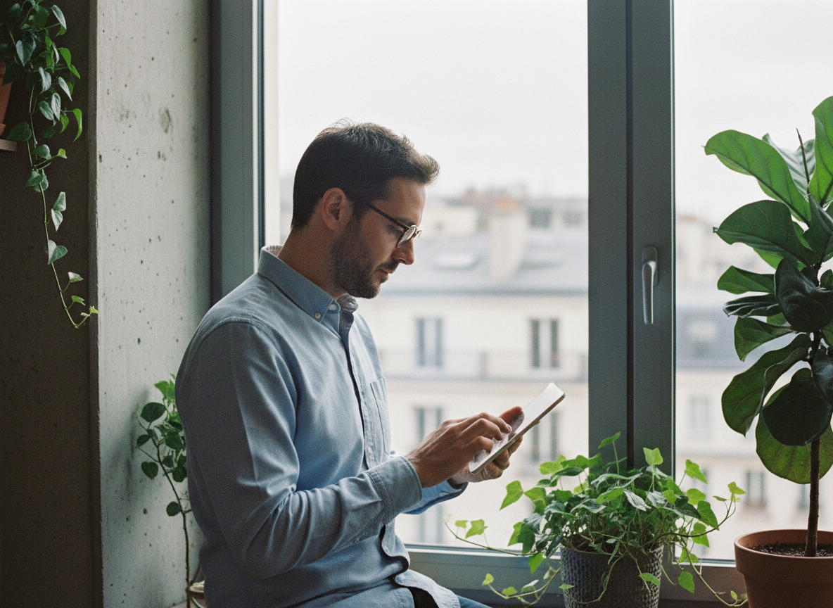 Homme détendu lisant une tablette dans un appartement moderne