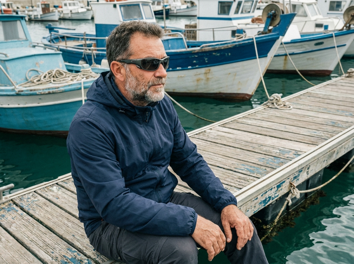 Homme portant des lunettes de sport anti-UV assis sur un ponton de port de pêche méditerranéen