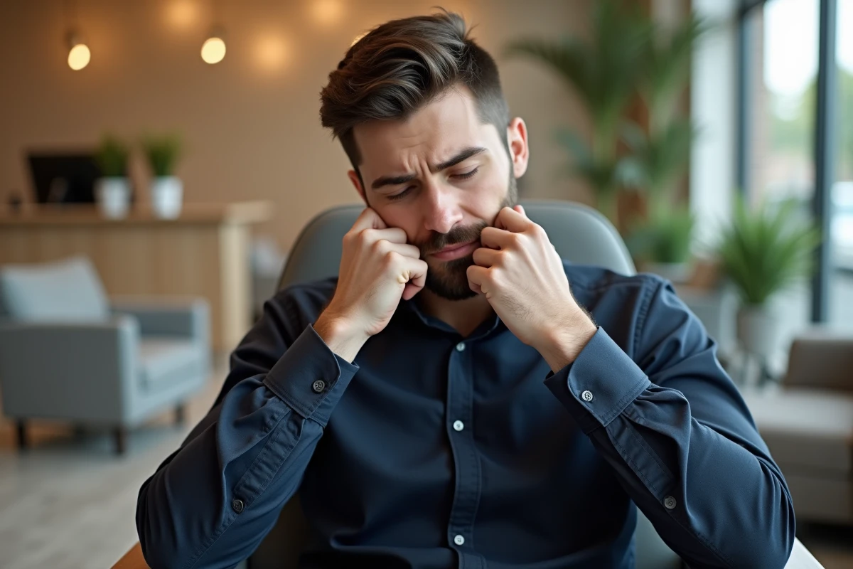 Homme souffrant d'une dent sensible dans une salle d'attente dentaire