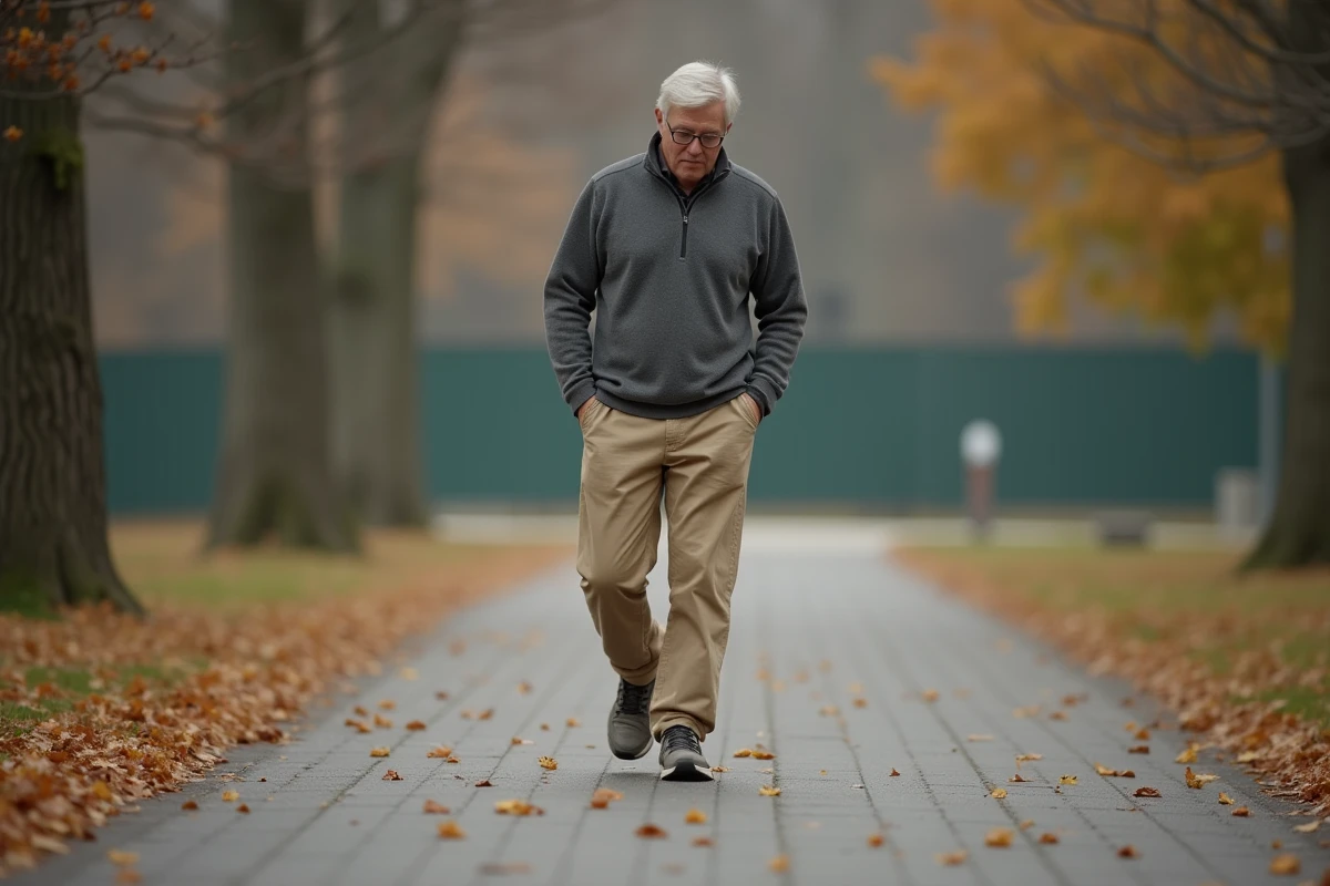 Homme marchant dans un parc en automne avec des chaussures larges et amorties pour soulager la douleur latérale du pied liée au nerf sural