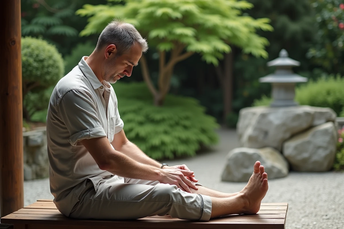 Homme pratiquant auto-massage du pied dans un jardin japonais