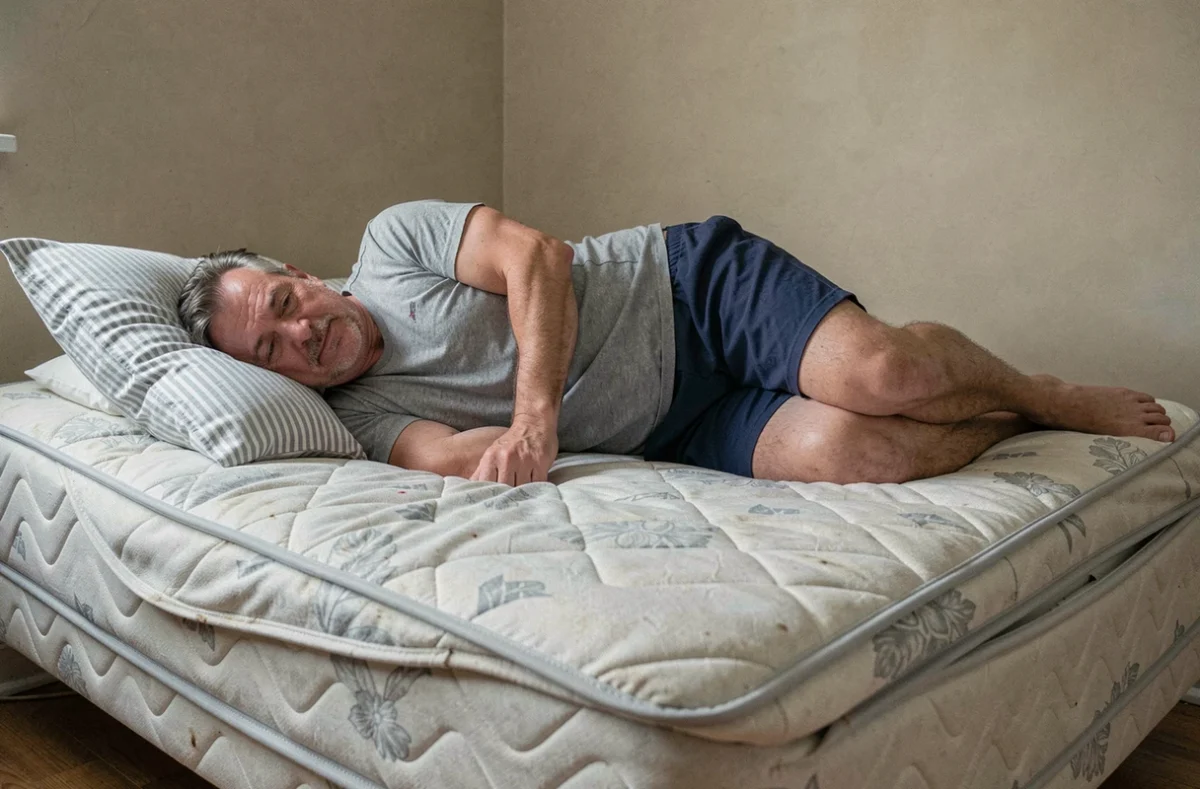Homme allongé sur le côté sur un matelas affaissé montrant une posture inconfortable responsable de la douleur lombaire gauche