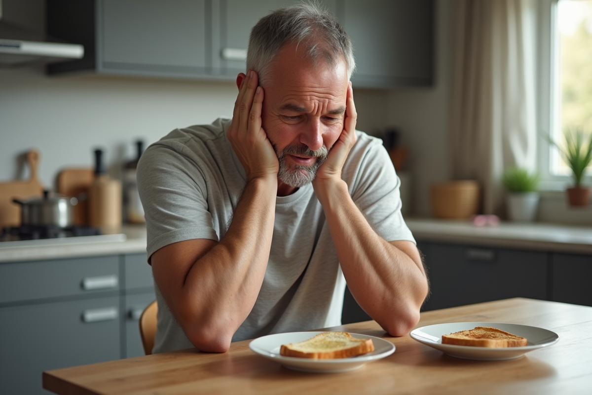 Homme se réveillant et étirant au matin dans la cuisine