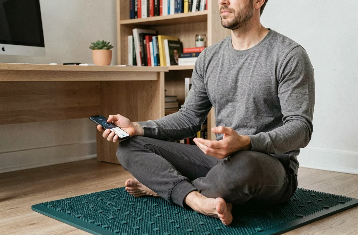 Homme assis en méditation sur un tapis Champ des Fleurs avec minuteur sur smartphone, bureau à domicile