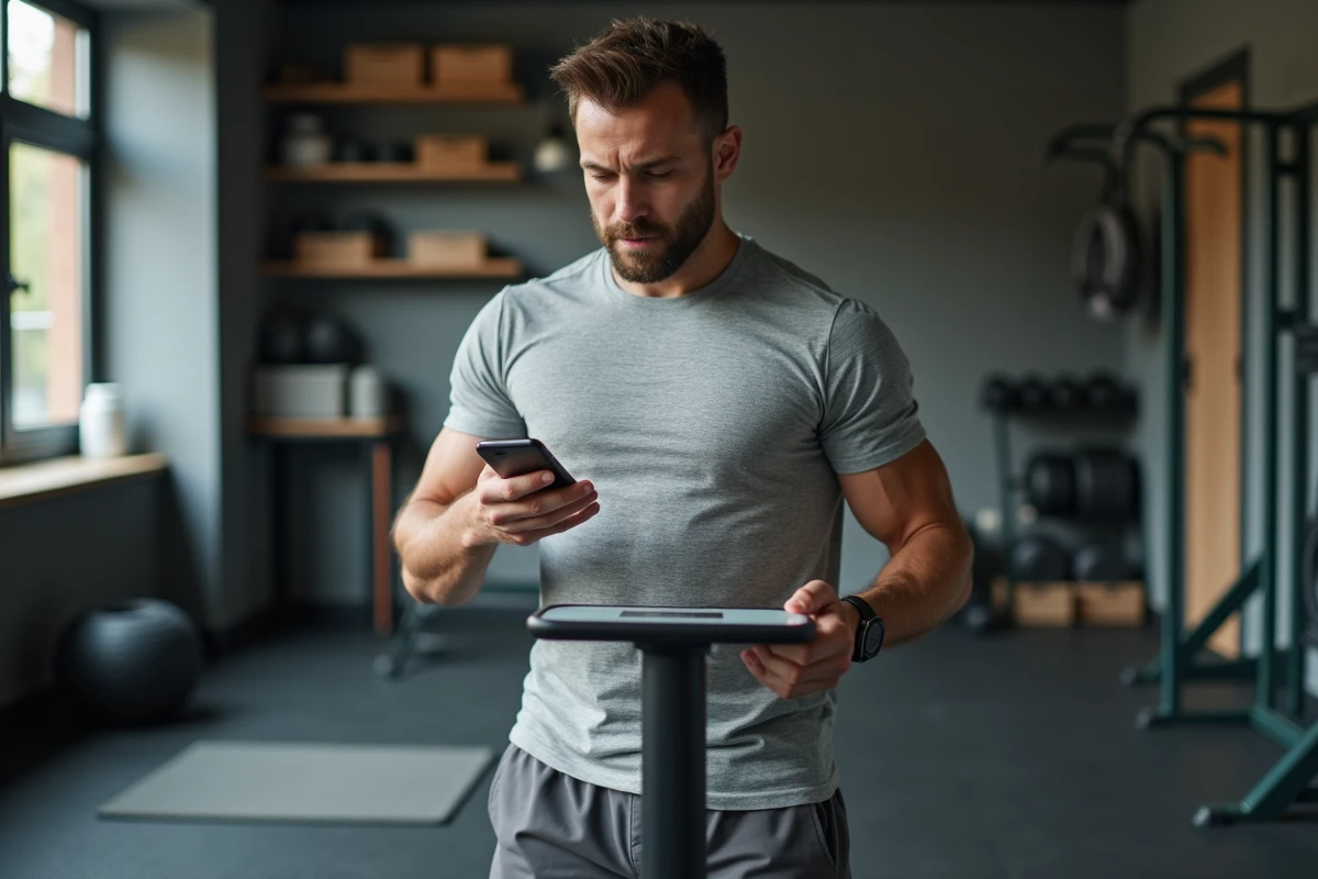 Homme en tenue de sport utilisant une balance numérique
