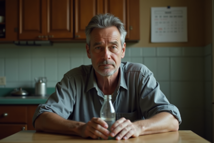 Homme d'âge moyen dans une cuisine modeste et sombre