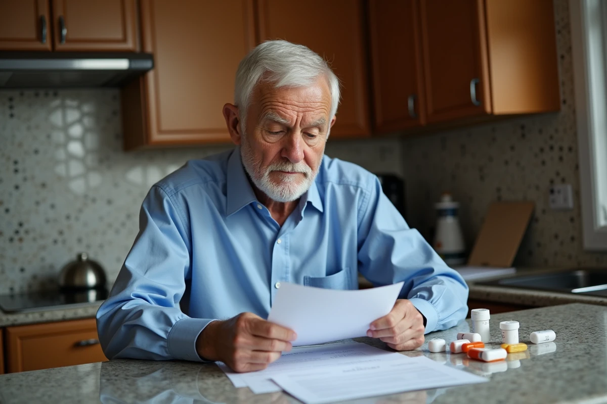 Homme âgé organisant des papiers dans sa cuisine