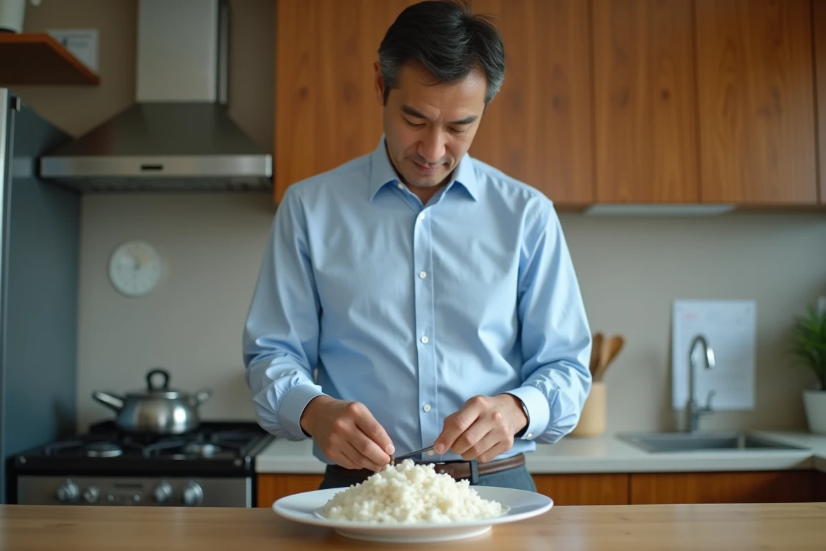 Homme préparant un repas simple dans la cuisine