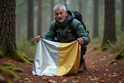 Homme d'âge moyen en forêt de pins avec couverture de survie