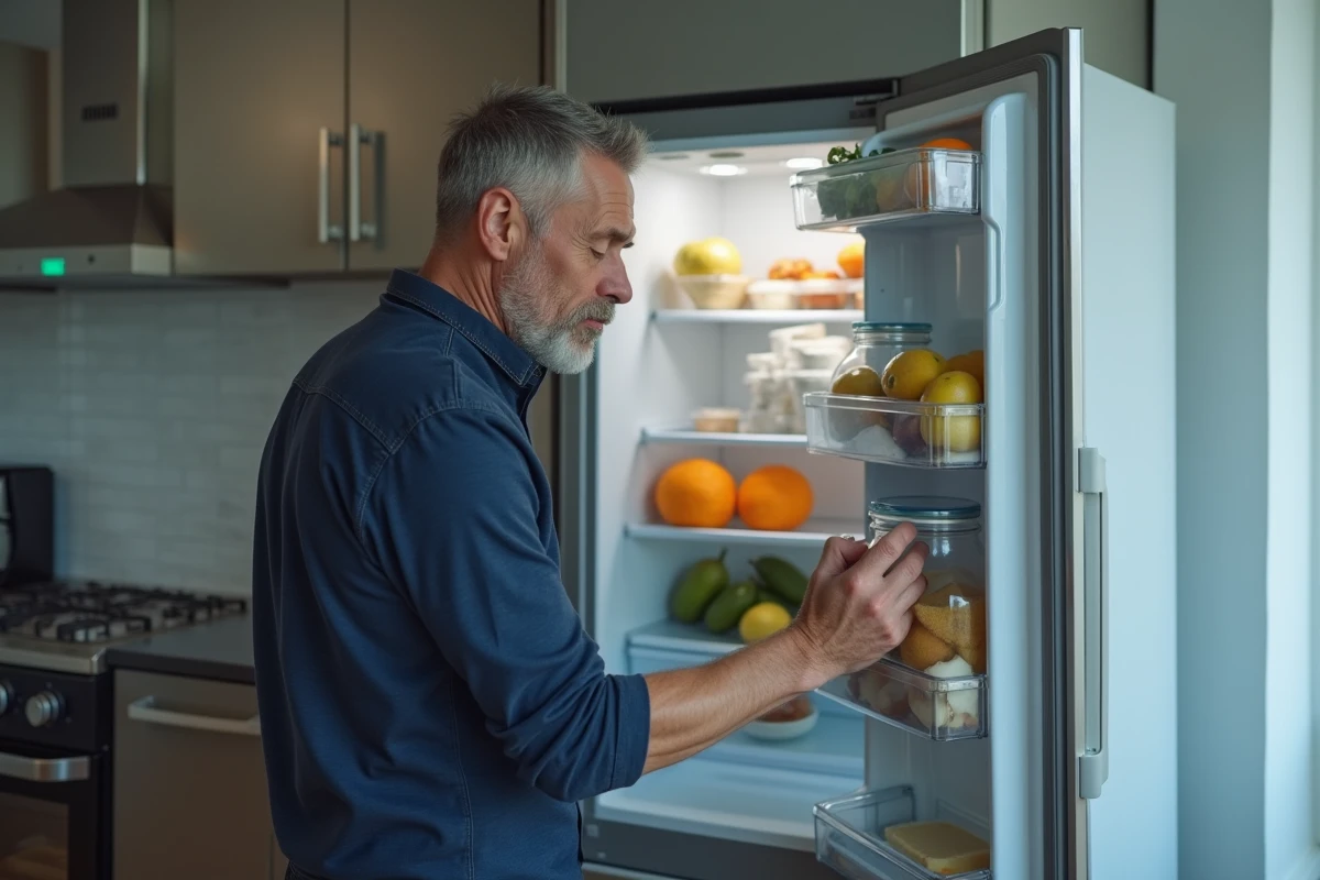 Homme hésitant devant un réfrigérateur ouvert contenant des aliments acides et irritants, illustrant les choix alimentaires à éviter en cas d'aphte buccal