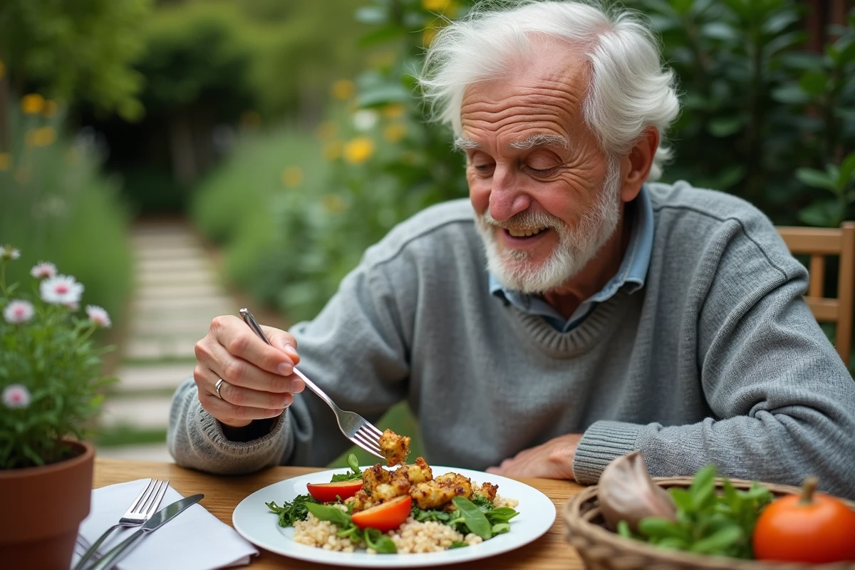 Homme âgé dégustant un repas sain en extérieur