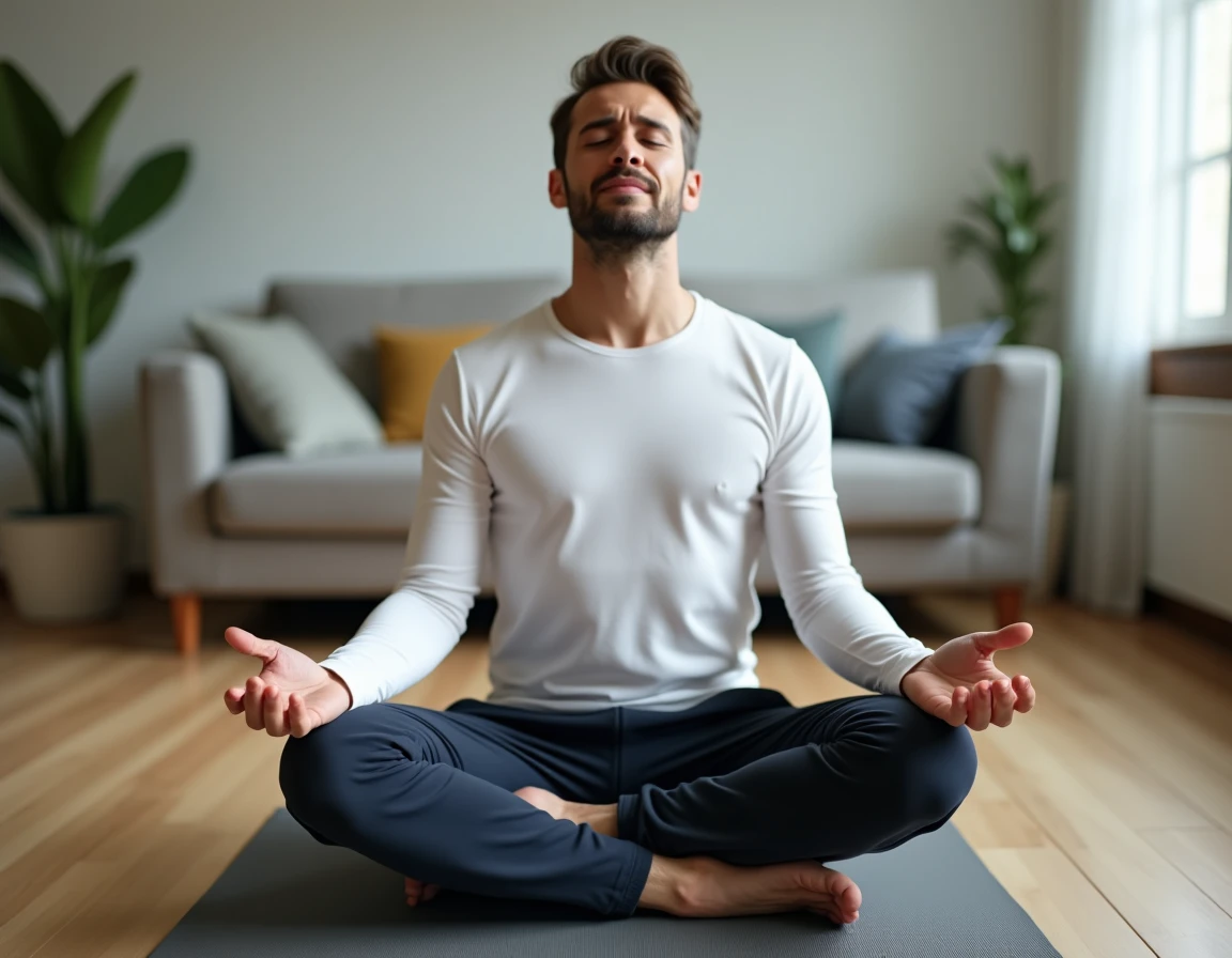 Homme pratiquant la respiration profonde sur un tapis de yoga pour soulager douleur et anxiété liées aux côtes