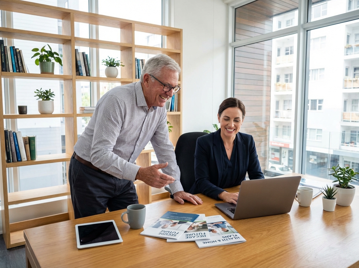 Homme senior discute avec une conseillère en assurance dans un bureau