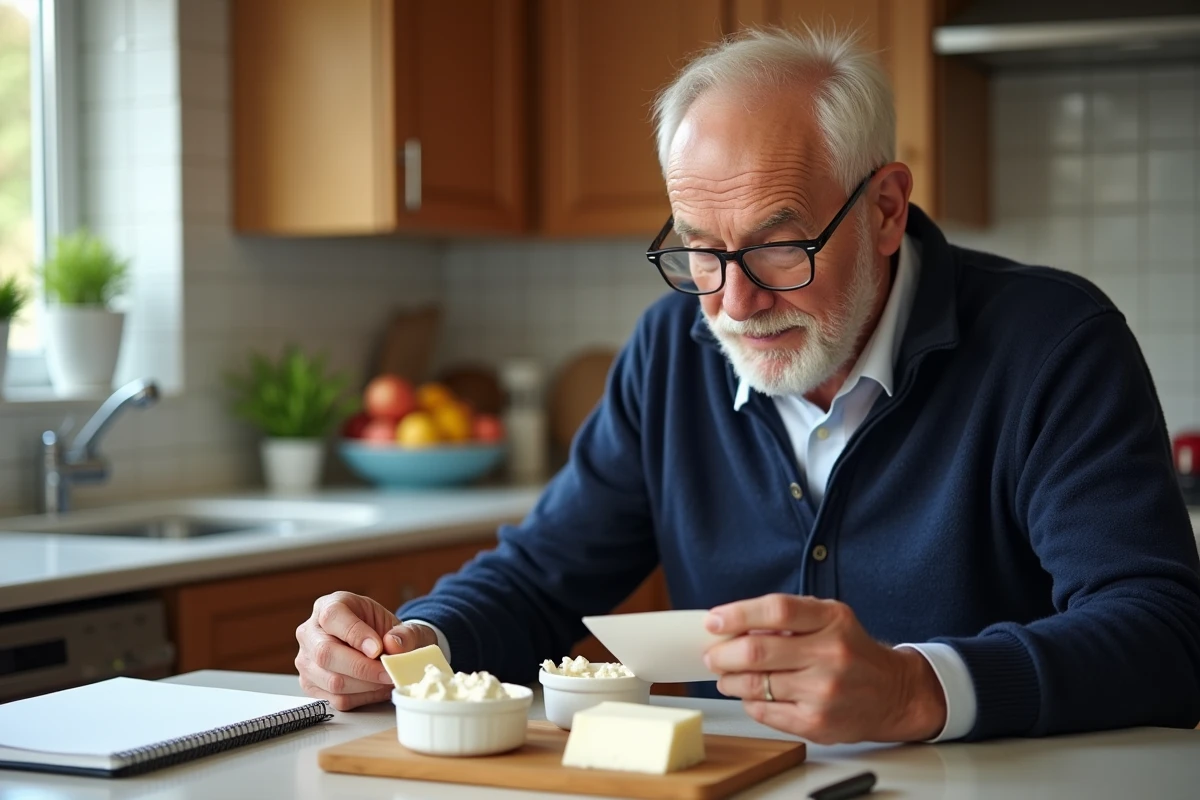 Homme âgé vérifiant les valeurs nutritionnelles d'un fromage allégé pour gérer son diabète au quotidien