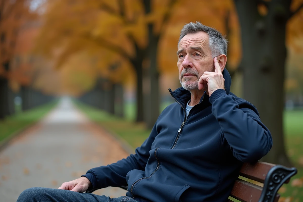 Homme d'âge mûr touchant son oreille gauche sur un banc de parc en automne, évoquant la gêne causée par un sifflement dans l'oreille