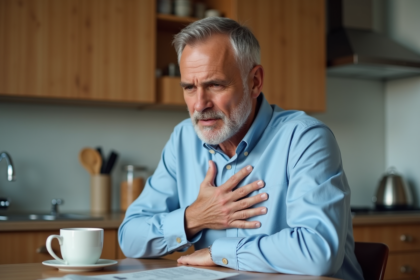 Homme d'âge moyen inquiet tenant sa poitrine dans la cuisine
