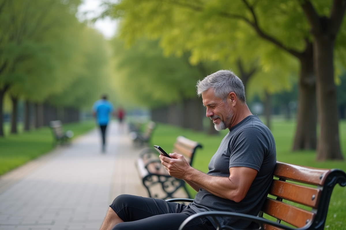 Homme assis sur un banc de parc vérifiant son application fitness