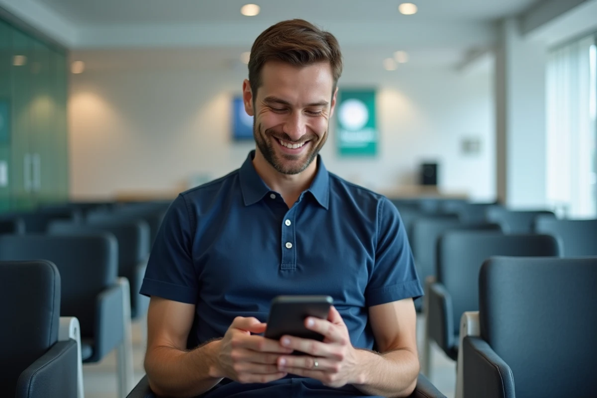 Homme consultant une application de suivi de remboursement santé dans une salle d'attente médicale