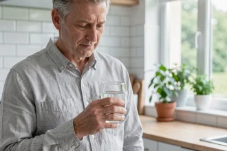 Homme tenant un verre d'eau claire dans une cuisine moderne, illustrant l'hydratation recommandée pour prévenir les calculs rénaux