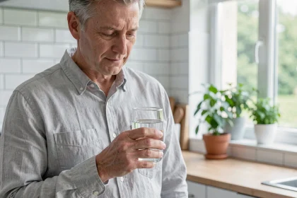 Homme tenant un verre d'eau claire dans une cuisine moderne, illustrant l'hydratation recommandée pour prévenir les calculs rénaux