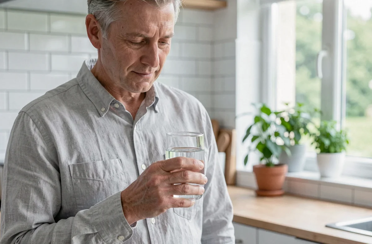 Homme tenant un verre d'eau claire dans une cuisine moderne, illustrant l'hydratation recommandée pour prévenir les calculs rénaux