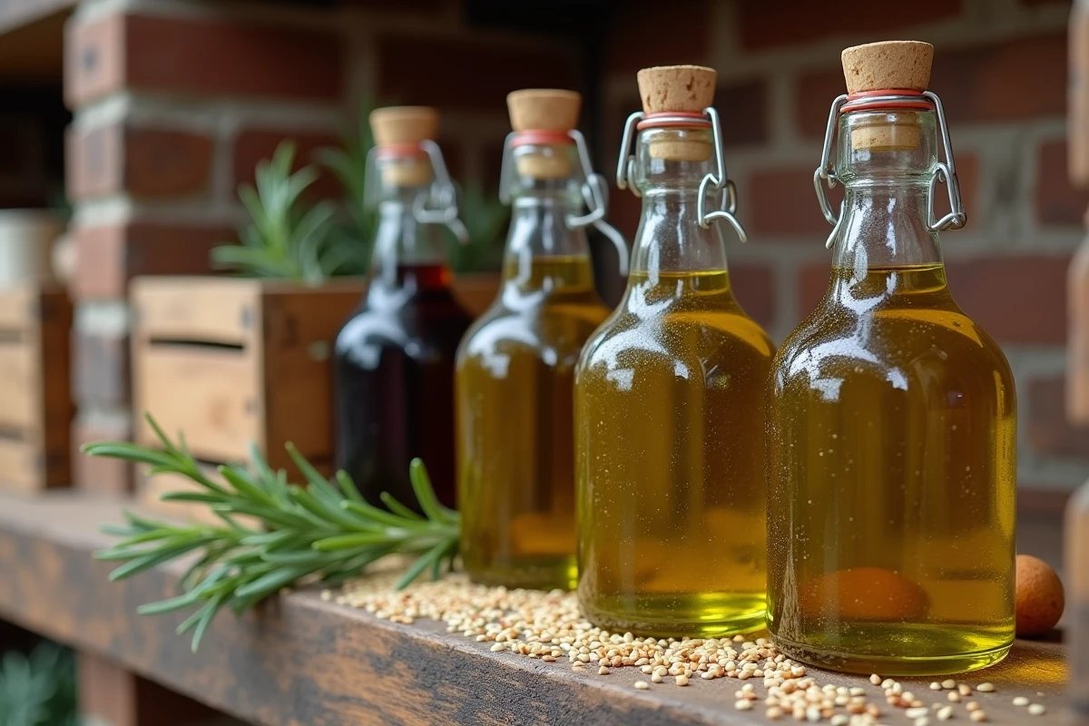 Bouteilles d'huiles riches en acides gras oméga 3 6 et 9 alignées sur une étagère en bois rustique avec des graines et du romarin