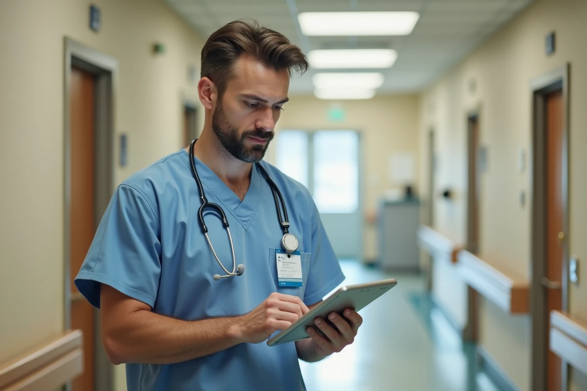 Infirmier en EHPAD consultant un logiciel de gestion des soins sur tablette numérique dans un couloir de résidence