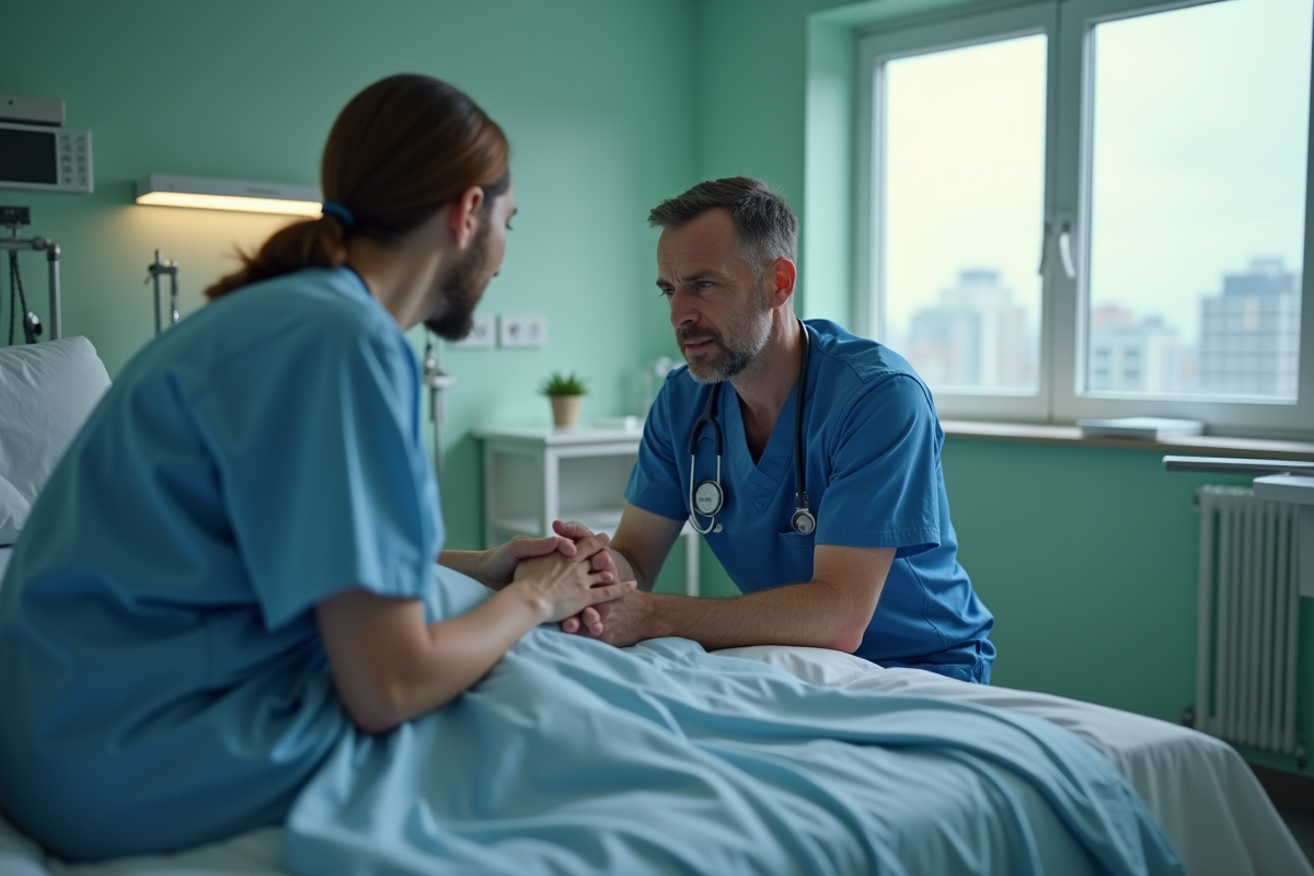 Infirmier en scrubs tenant la main d