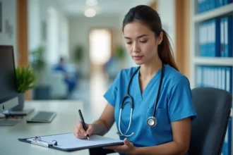 Infirmière en tenue bleue remplissant une grille d'évaluation Hamilton standardisée dans un couloir hospitalier