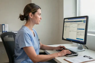 Infirmière en blouse bleue utilisant un logiciel de soins sur ordinateur dans un bureau hospitalier