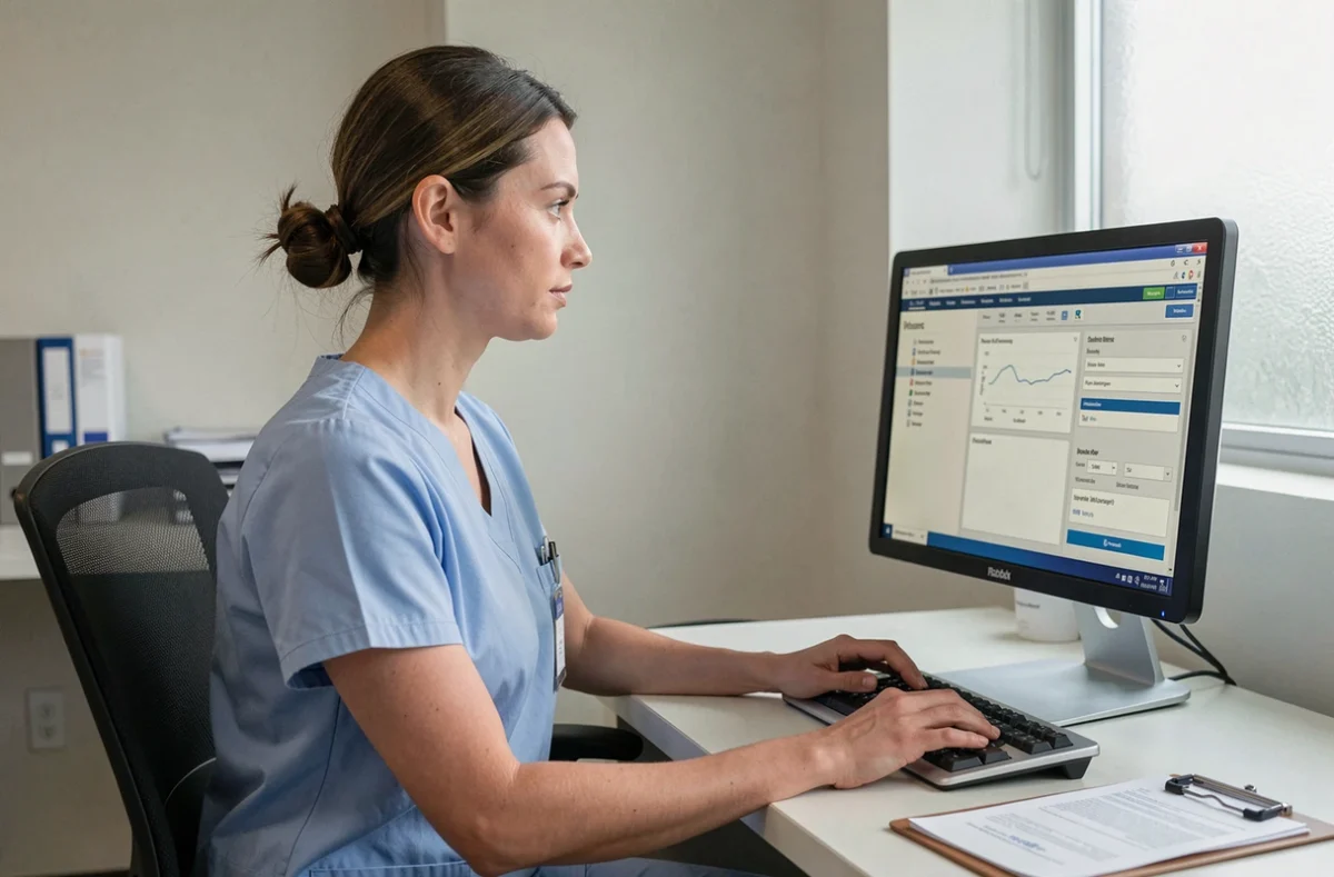 Infirmière en blouse bleue utilisant un logiciel de soins sur ordinateur dans un bureau hospitalier