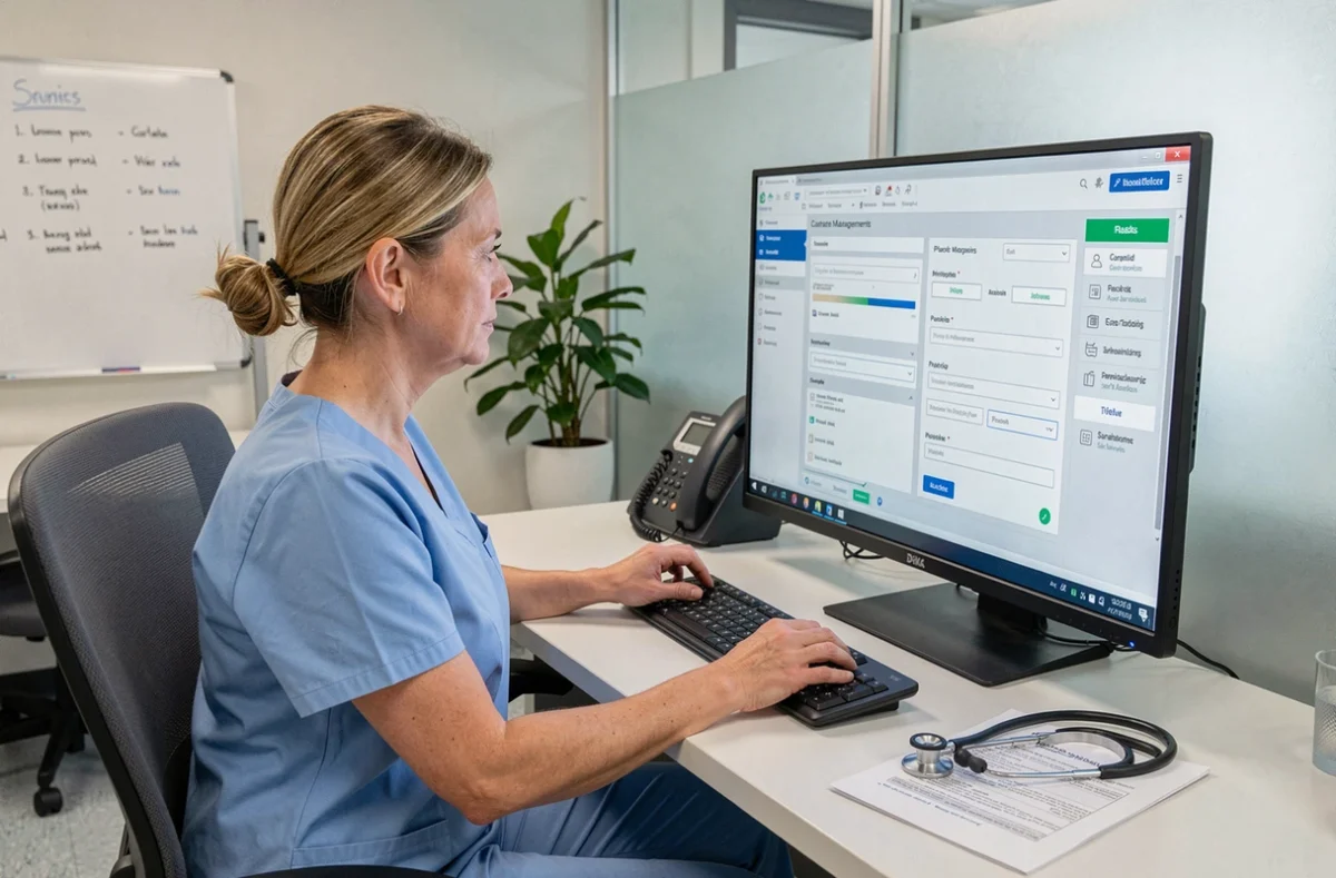 Infirmière paramétrisant le logiciel c.netsoins sur un écran d'ordinateur dans un bureau hospitalier