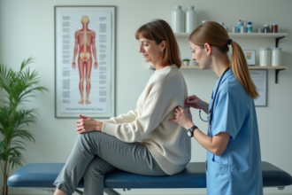 Femme d'âge moyen recevant une injection dans le dos en clinique