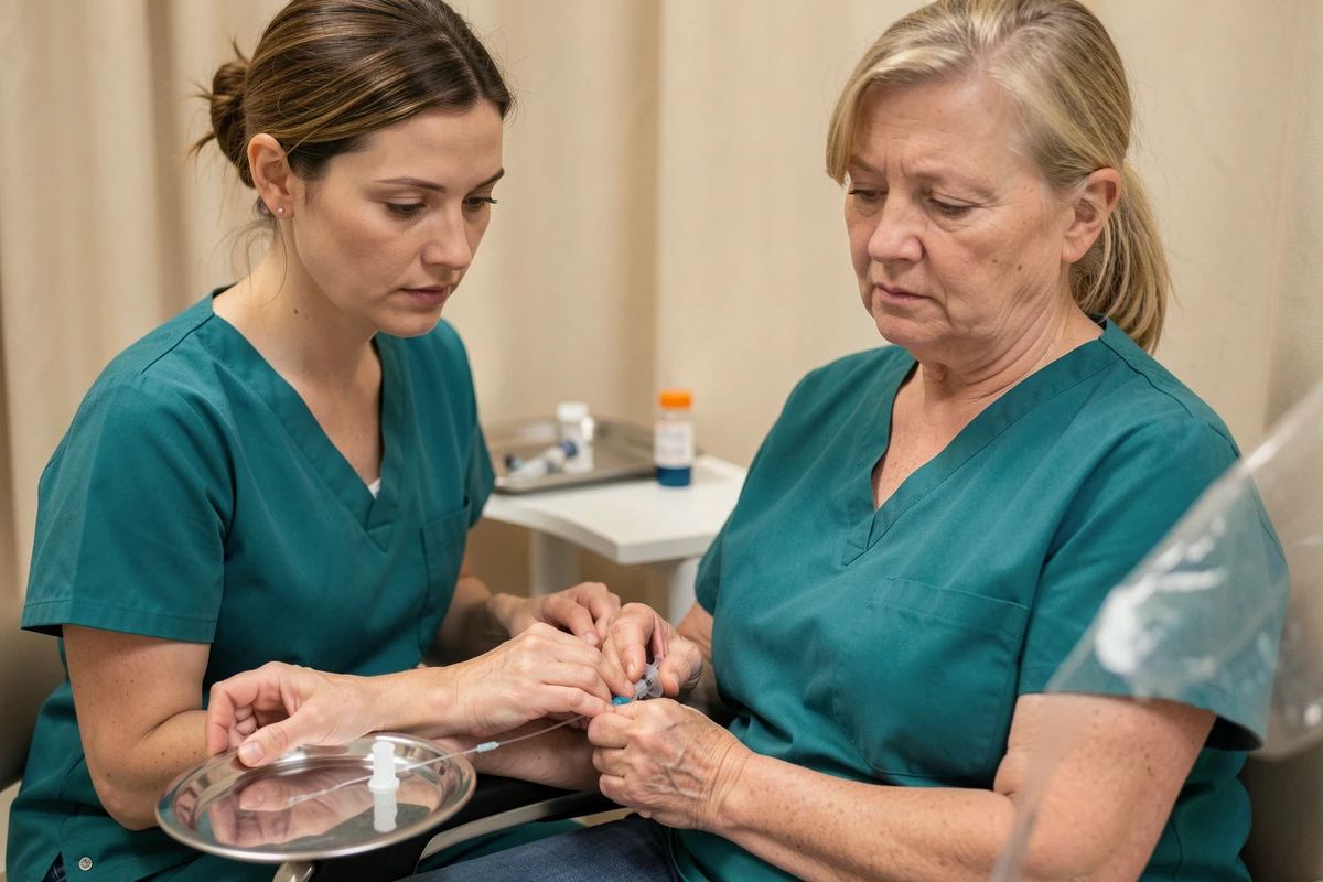 Infirmière posant une voie veineuse pour injection de produit de contraste avant scanner abdominal