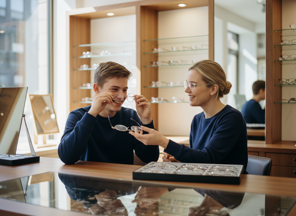 Jeune adolescent choisissant des lunettes avec une optometriste