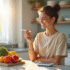 Jeune adulte souriant tenant une seringue d insuline dans une cuisine lumineuse