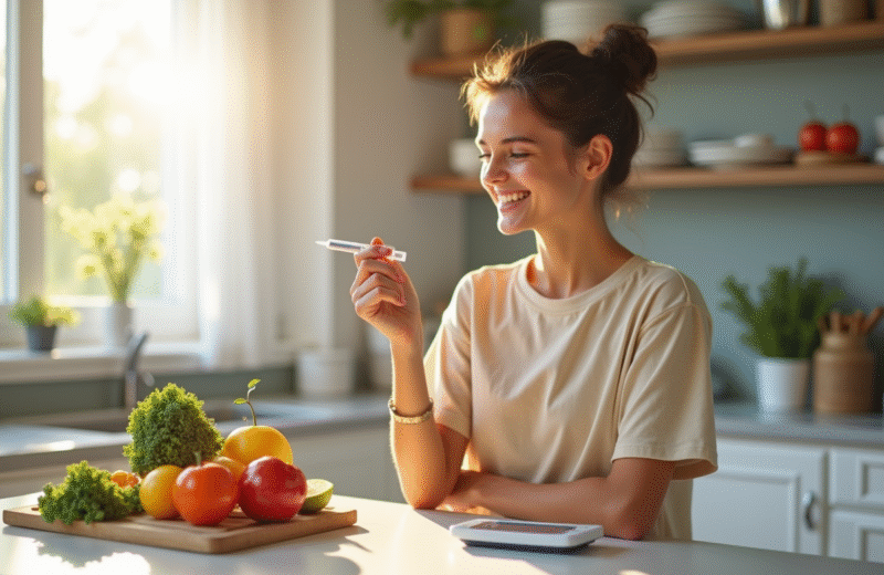Jeune adulte souriant tenant une seringue d insuline dans une cuisine lumineuse
