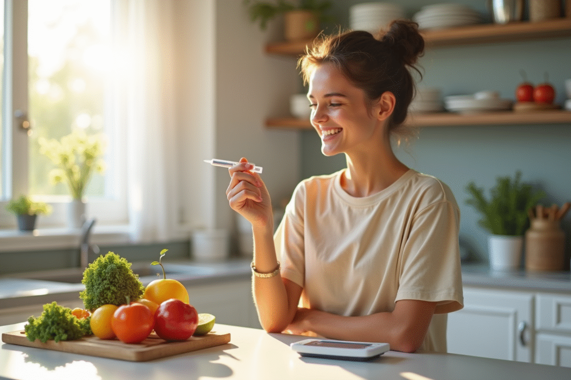 Jeune adulte souriant tenant une seringue d insuline dans une cuisine lumineuse