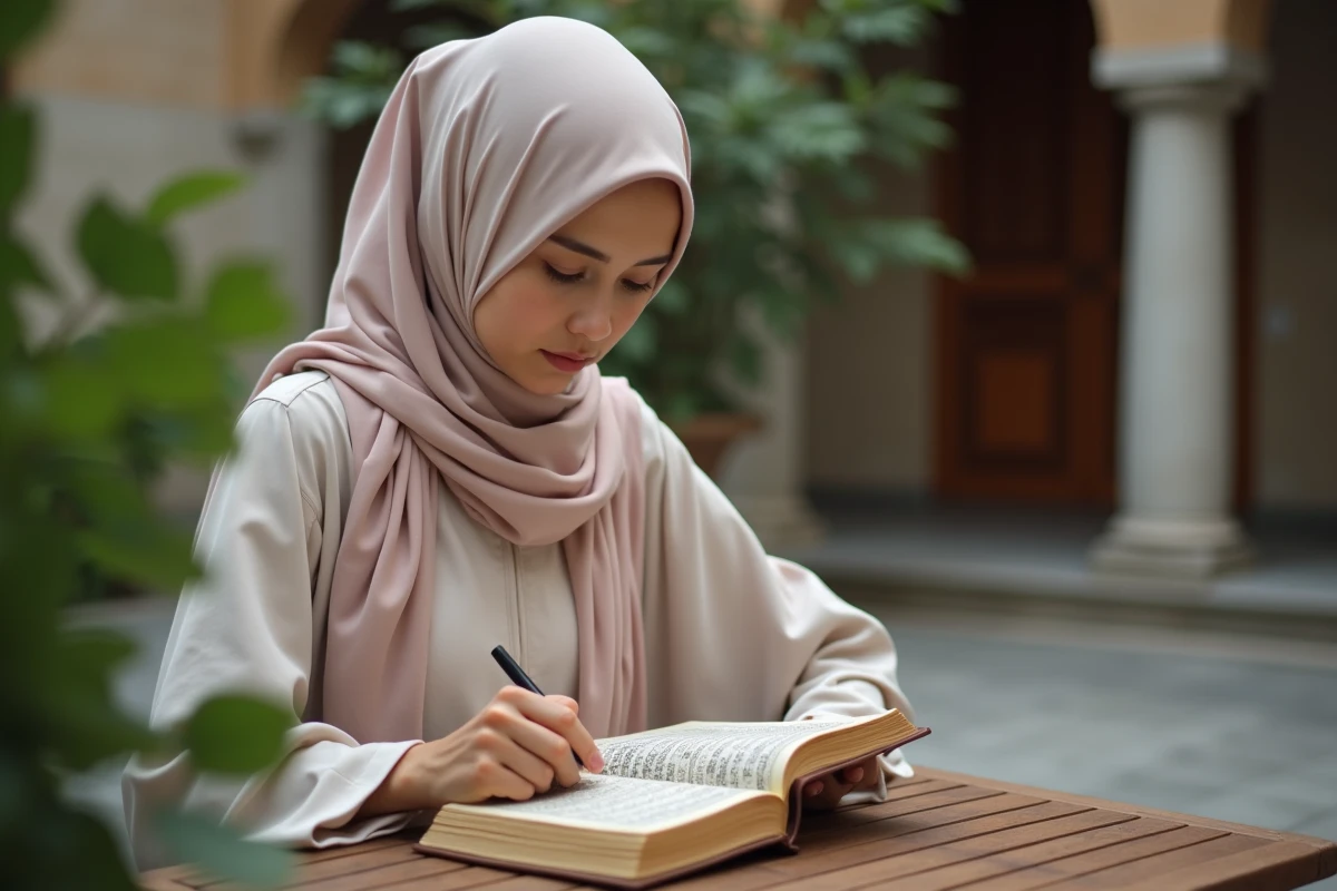 Jeune femme musulmane lisant le Quran dans un jardin