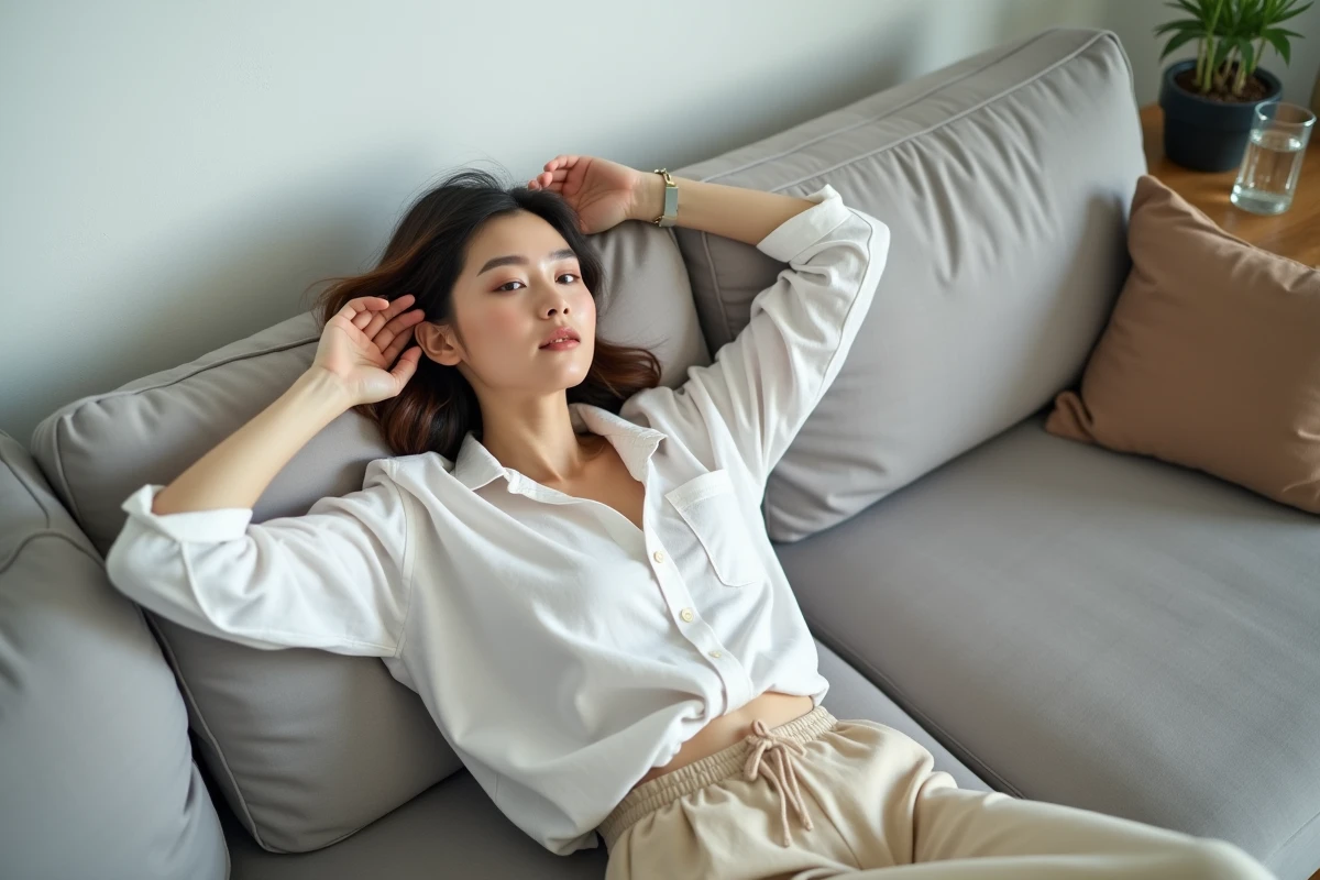 Jeune femme allongée sur un canapé regardant le plafond avec la main près de l'oreille gauche, illustrant la sensation de sifflement auriculaire