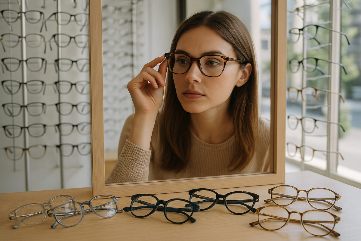 Jeune femme essayant des lunettes devant un miroir dans un magasin d'optique
