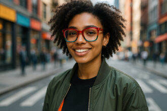 Jeune femme confiante portant des lunettes colorées en ville