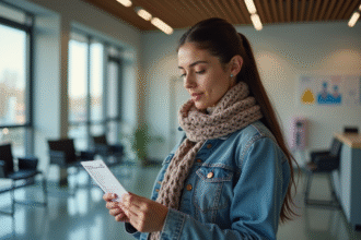 Jeune femme vérifiant sa carte de vaccination en clinique