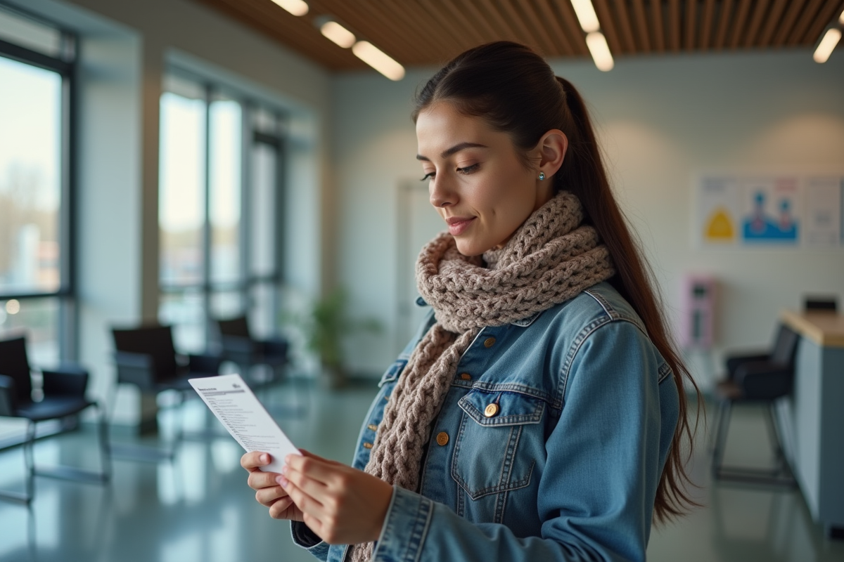 Jeune femme vérifiant sa carte de vaccination en clinique