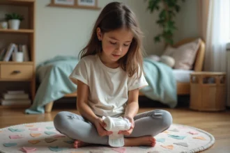 Jeune fille de 14 ans tenant une culotte menstruelle dans sa chambre