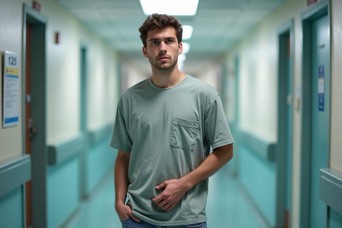 Jeune homme dans un couloir médical avec expression d