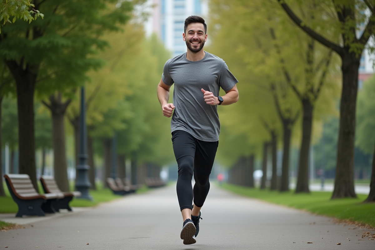 Jeune homme courant dans un parc urbain en pleine nature