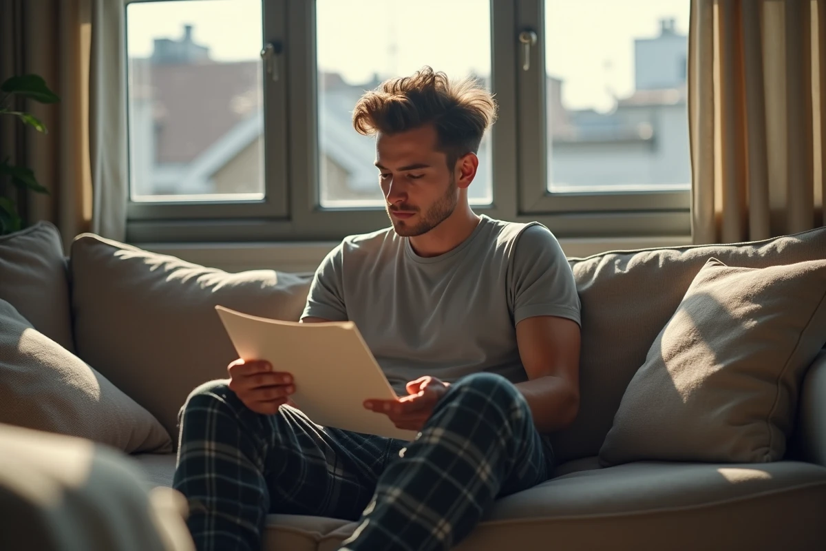 Jeune homme regarde un leaflet de bien-être sur le canapé
