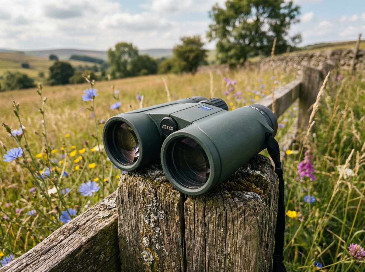 Jumelles de chasse compactes posées sur un piquet de clôture en bois dans un paysage de prairie naturelle